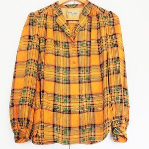 Vintage Orange Plaid Silk Blouse Long Slv S